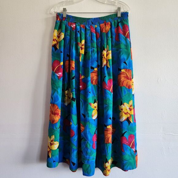 Vintage Skirt Women's 14 midi floral Colorful Flowers Hawaiian Pleated pleated - Picture 2 of 10